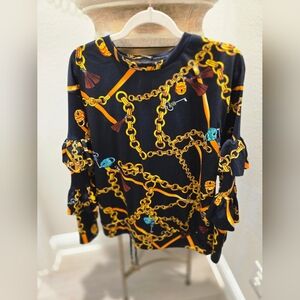 Ladies Navy blue print two piece pant suit Size 1X